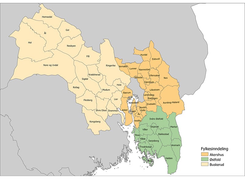 Figur 3.3 Forslag til nye fylker ved deling av Viken