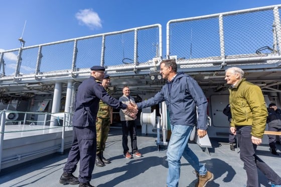 NATO Secretary General Mark Rutte boarding KV Svalbard. Warm welcome. Handshake.